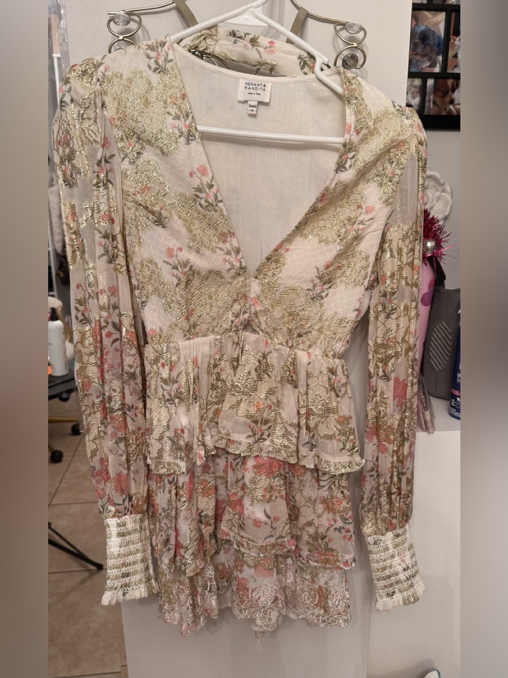 Hemant and Nandita Cream and Pink Floral Lace Peplum Blouse